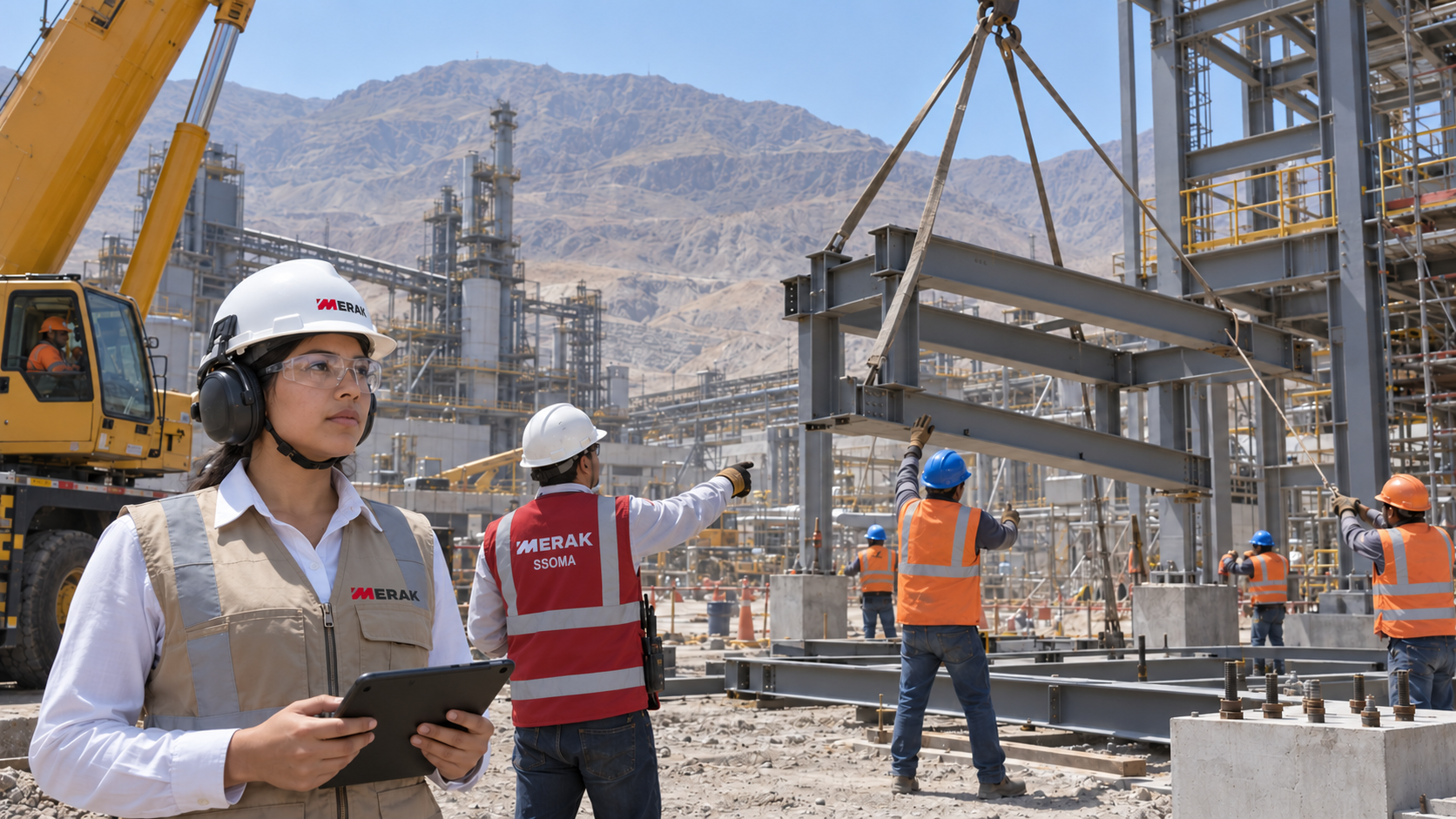 Personal MERAK supervisando el montaje de una planta industrial con EPP e identificación correctos
